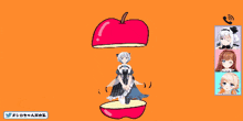 a pixel art of a girl coming out of a red apple