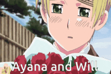 a young boy is holding a bouquet of flowers with the words ayana and will written above him