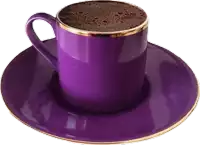 a purple cup of coffee on a saucer with a gold rim