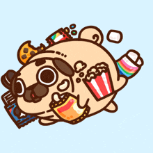 a pug dog is surrounded by snacks including cookies popcorn and soda