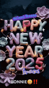 a happy new year greeting with balloons and flowers