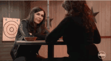 two women sit at a table with a abc logo on the bottom