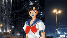 a girl with blue lips is wearing a sailor suit and tiara