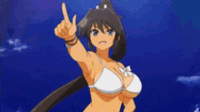 a cartoon girl in a bikini is pointing to her face