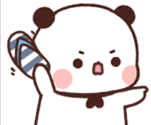 a cartoon panda bear is holding a striped object in its hand