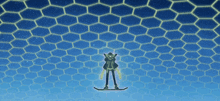 a person standing on a snowboard in front of a blue background