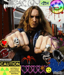 a picture of a man with skull rings and the words caution naturally occuring radioactive material