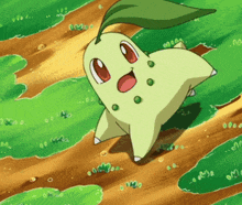 a cartoon character with a green leaf on its back