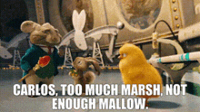 carlos too much marsh not enough mallow is written on a cartoon scene