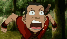 a cartoon character from avatar the last airbender is running through the woods .