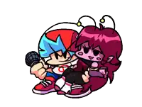a cartoon character is holding a microphone and a girl is sitting on his lap .