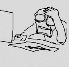 a black and white drawing of a man sitting at a desk looking at a computer screen .