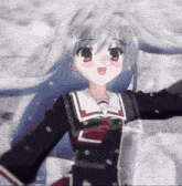 a girl with blue hair and red eyes is wearing a school uniform with the letter l on it