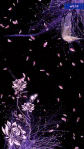 a woman is surrounded by purple flowers and the word wella is on the bottom