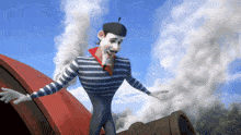 a cartoon character in a striped shirt is standing on a cannon with his arms outstretched