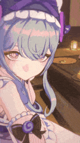 a girl with blue hair and a purple hat is standing in front of a sign that says stormzst
