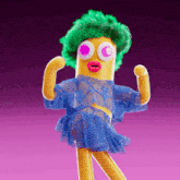 a cartoon character with green hair and a blue dress