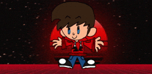 a cartoon character is wearing a red hoodie with the letter a on the front