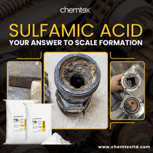 an advertisement for chemtex sulfuric acid shows pictures of rusted pipes and a pile of sulfuric acid