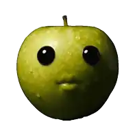 a green apple with black eyes and a sad face
