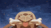 a cartoon drawing of a dog holding a bone in its mouth