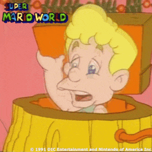 a cartoon of a boy in a box with super mario world written on the top