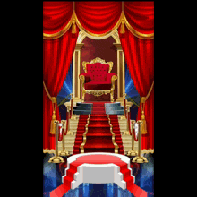 a throne with a red curtain and stairs leading up to it