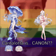 a rainbow colored background with two anime girls and the words cantalotta is canon