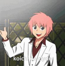 a cartoon of a boy with pink hair and the name koichi de clyde