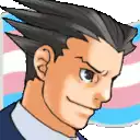 a cartoon of a man in a suit and tie with a transgender flag behind him .