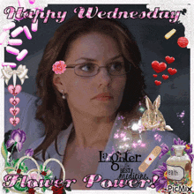 a picture of a woman with glasses says happy wednesday flower power
