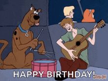 scooby doo and shaggy from scooby doo are playing drums and playing a guitar .