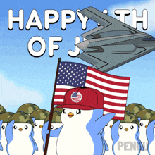 a cartoon of a penguin holding an american flag with the words happy of july