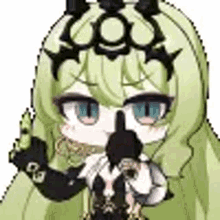 a pixel art illustration of a girl with long green hair holding a gun .