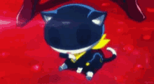 a cartoon cat is sitting on a red surface .