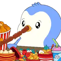 a blue and white penguin is eating a skewer of meat