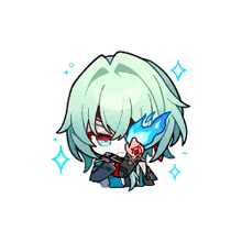 a cartoon of a girl with green hair and a blue flame in her eye .