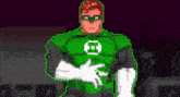 a pixel art of a green lantern in a green suit .