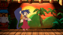a cartoon character is standing on a wooden stage