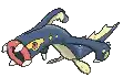 a pixel art drawing of a blue and yellow fish with a red circle around its mouth .