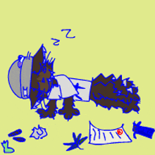 a drawing of a cat sleeping with the letter n on its head