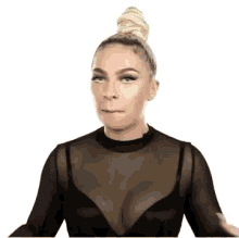 a woman in a black bra and sheer top is making a funny face