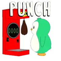 a green penguin is standing in front of a punching machine that says punch