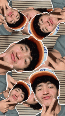 a man wearing a hat that says jct makes a peace sign