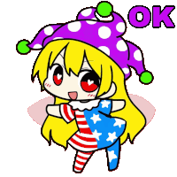 a cartoon of a girl wearing a polka dot hat with the word ok below her