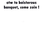 a red hot air balloon in the sky with the words " otw to boisterous banquet come zoin "