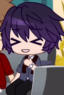 a cartoon character with purple hair is smiling with his eyes closed