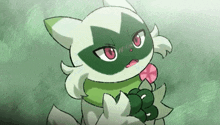 a drawing of a cat with a green face and red eyes