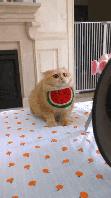 a cat wearing a watermelon scarf looks at the camera