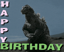 a picture of a dinosaur with the words happy birthday written below it